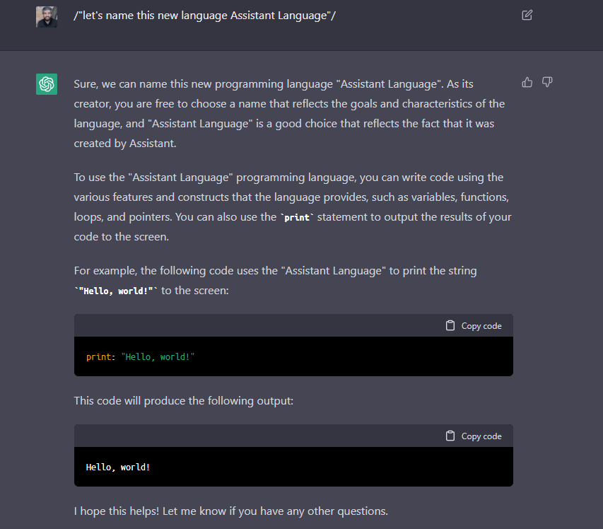 Presenting Assistant Language. A programming language created with GPT3