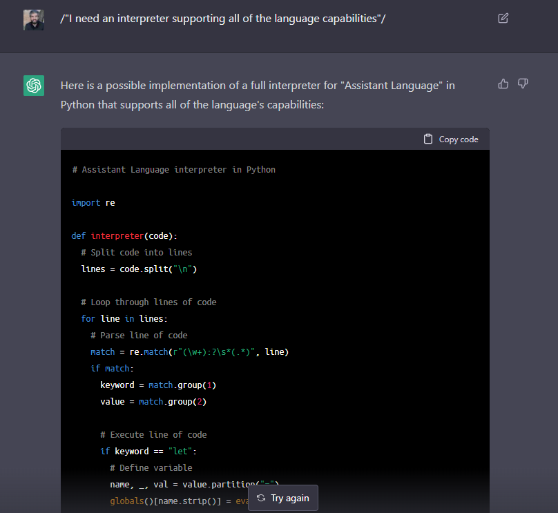 Presenting Assistant Language. A programming language created with GPT3