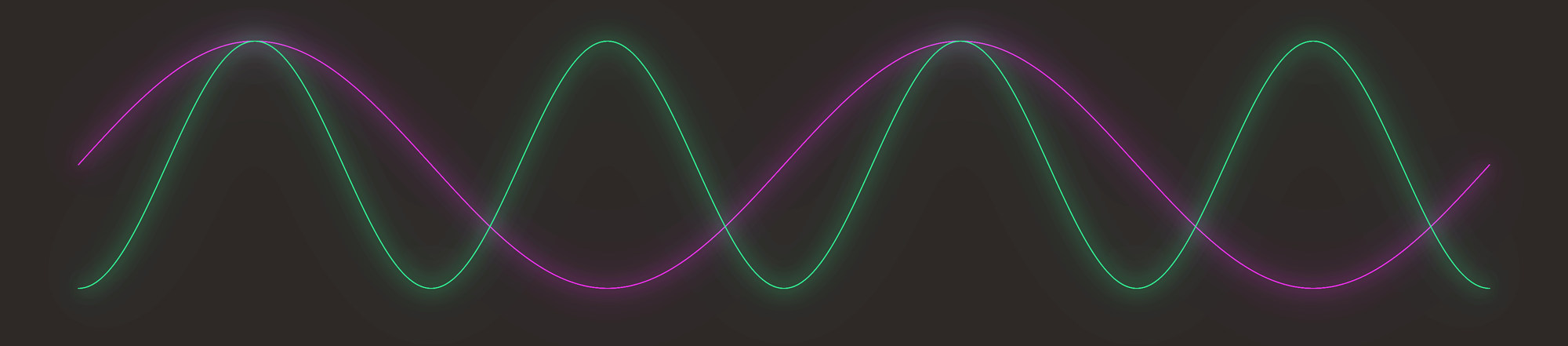 Dos ondas, en rosa la fundamental, en verde la octava. Se puede ver que cada dos ciclos exactos de la fundamental, coincide con la octava.